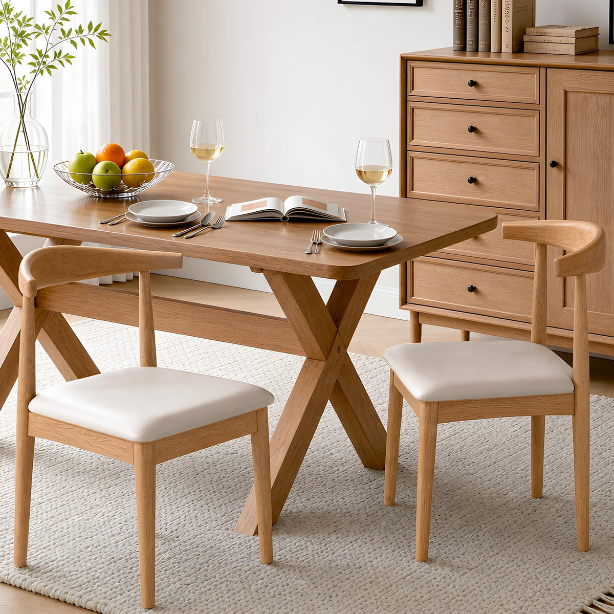 Solid Wood Dining Chairs Set of 2, Mid Century Modern Kitchen Chairs with Leather Upholstered Seat, Elegant Walnut-Colored Side Chairs for Dining Room, Kitchens,Restaurants, Cafes