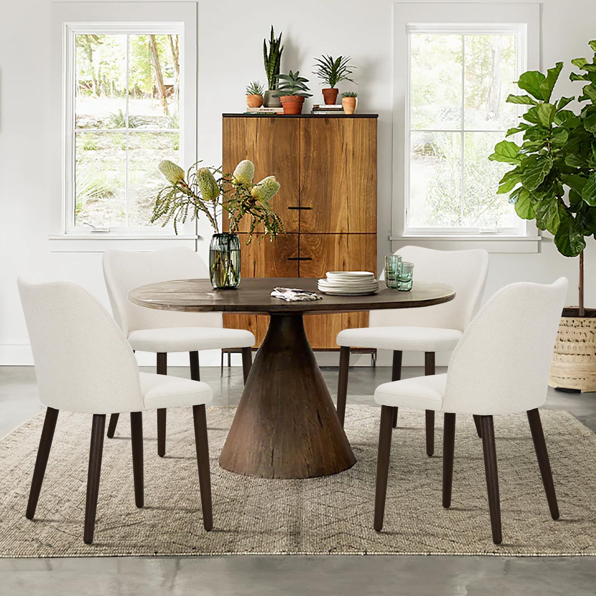 COLAMY Upholstered Dining Chairs Set of 4, Modern Kitchen & Dining Room Chairs with Curved Back, Fabric Padded Seat and Solid Wood Legs, Side Chairs for Restaurant, Cafe & Home, Beige