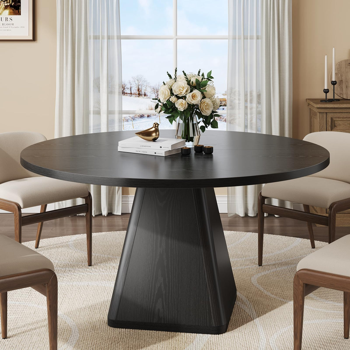 ONBRILL 47 Inch Round Dining Table for 4-6,Square Pedestal Base,Oak