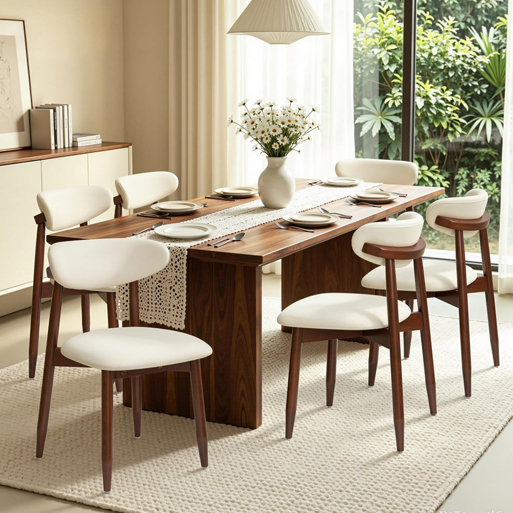 CHUN YI Dining Chairs Set of 4, Upholstered Wooden Dining Room Chairs, Mid Century Modern Fabric Kitchen Chair with Ergonomic Curved Backrest, Beige (Only Chairs)