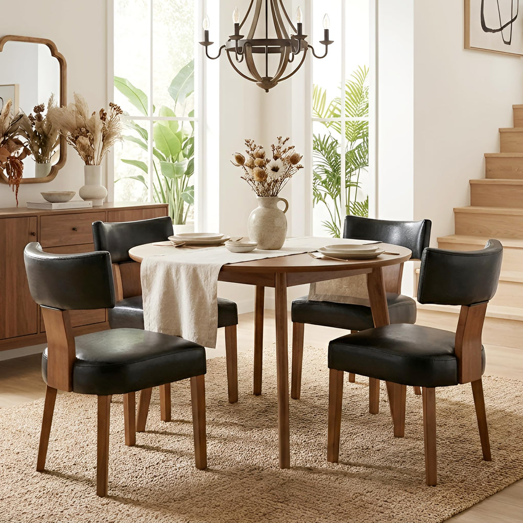 HNY Mid Century Modern Dining Chairs Set of 4, Upholstered Linen Kitchen & Dining Room Chairs with Ergonomic Curved Backrest, Solid Wood Legs, Farmhouse Accent Chair for Home, Apartment, Beige