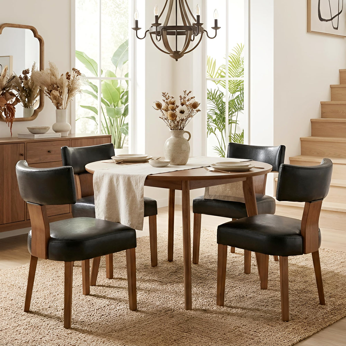 HNY Mid Century Modern Dining Chairs Set of 4, Upholstered Linen Kitchen & Dining Room Chairs with Ergonomic Curved Backrest, Solid Wood Legs, Farmhouse Accent Chair for Home, Apartment, Beige