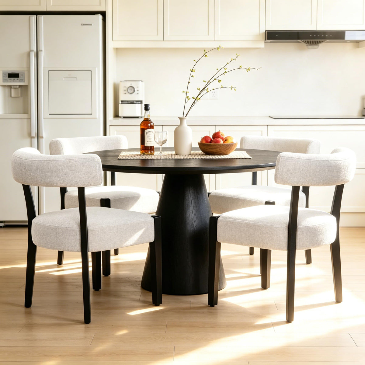 RNKSFX Modern Dining Chairs Set of 4, Faux Leather Upholstered Kitchen & Dining Room Chairs, Mid Century Modern Wooden Dining Chairs Oversized Sturdy Rounded Chairs Curved Back, Beige