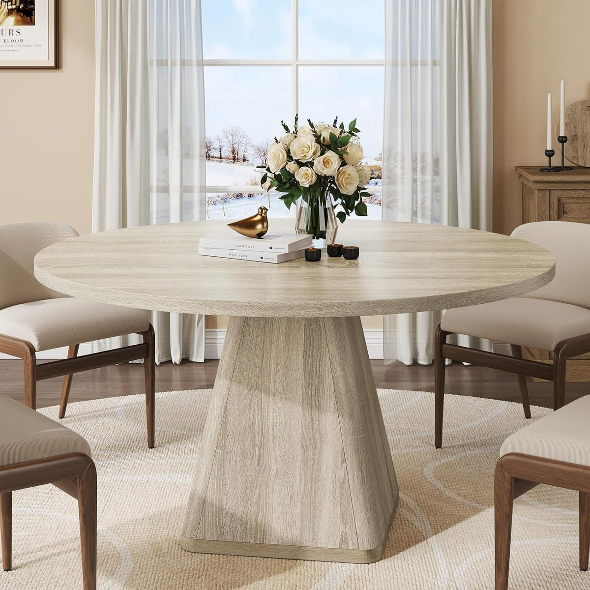 ONBRILL 47 Inch Round Dining Table for 4-6,Square Pedestal Base,Oak