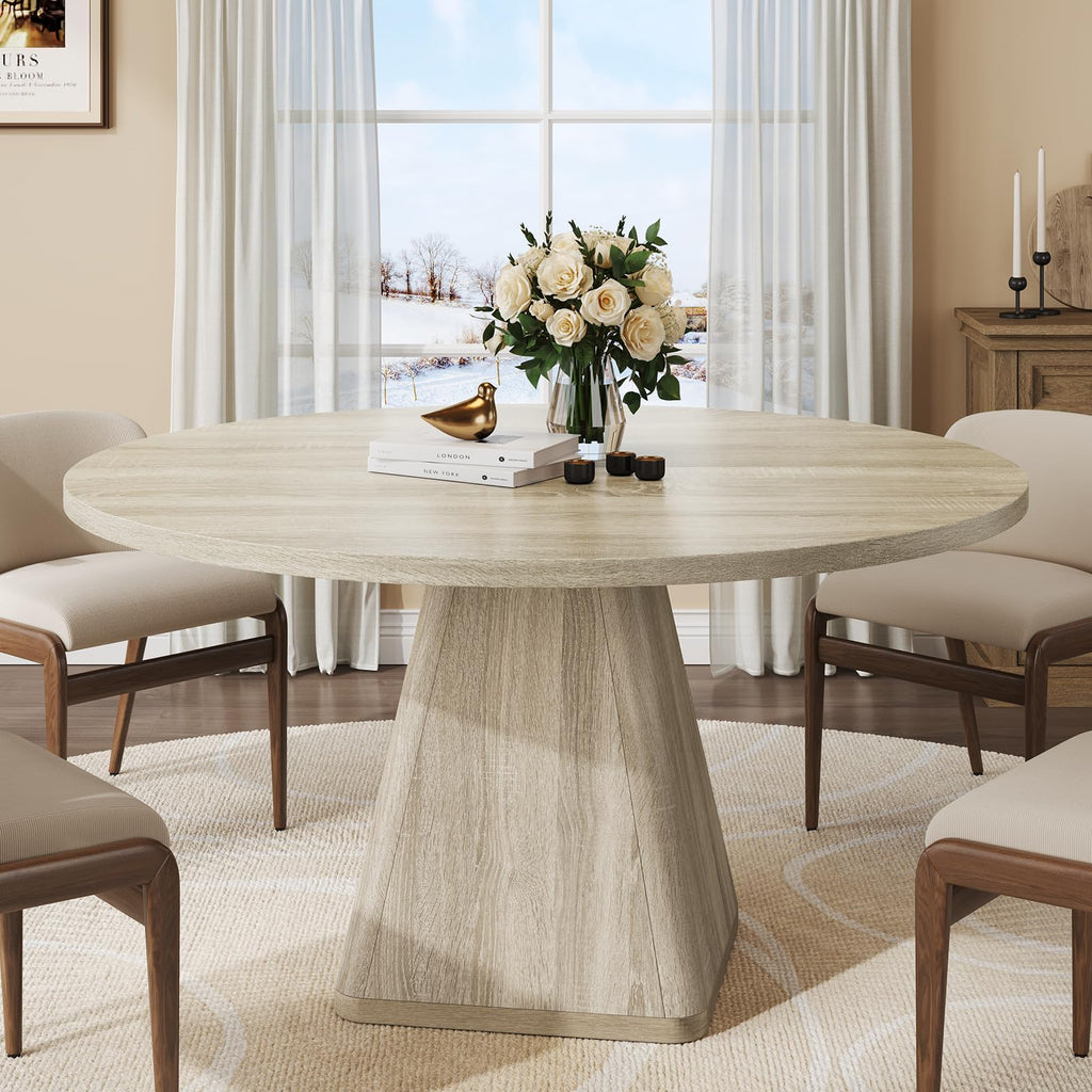 ONBRILL 47 Inch Round Dining Table for 4-6,Square Pedestal Base,Oak
