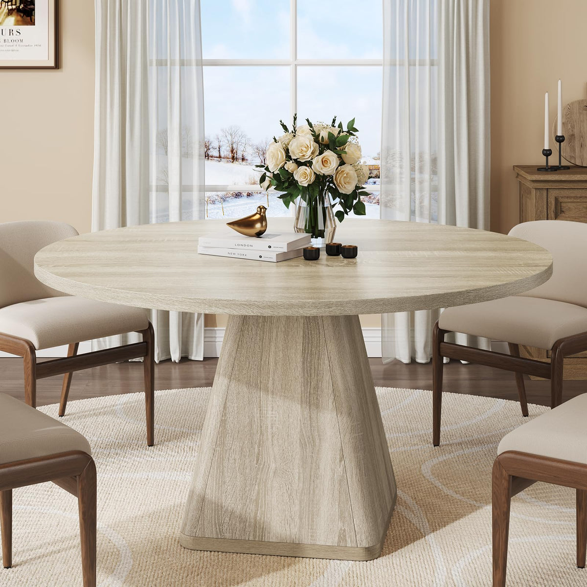 ONBRILL 47 Inch Round Dining Table for 4-6,Square Pedestal Base,Oak