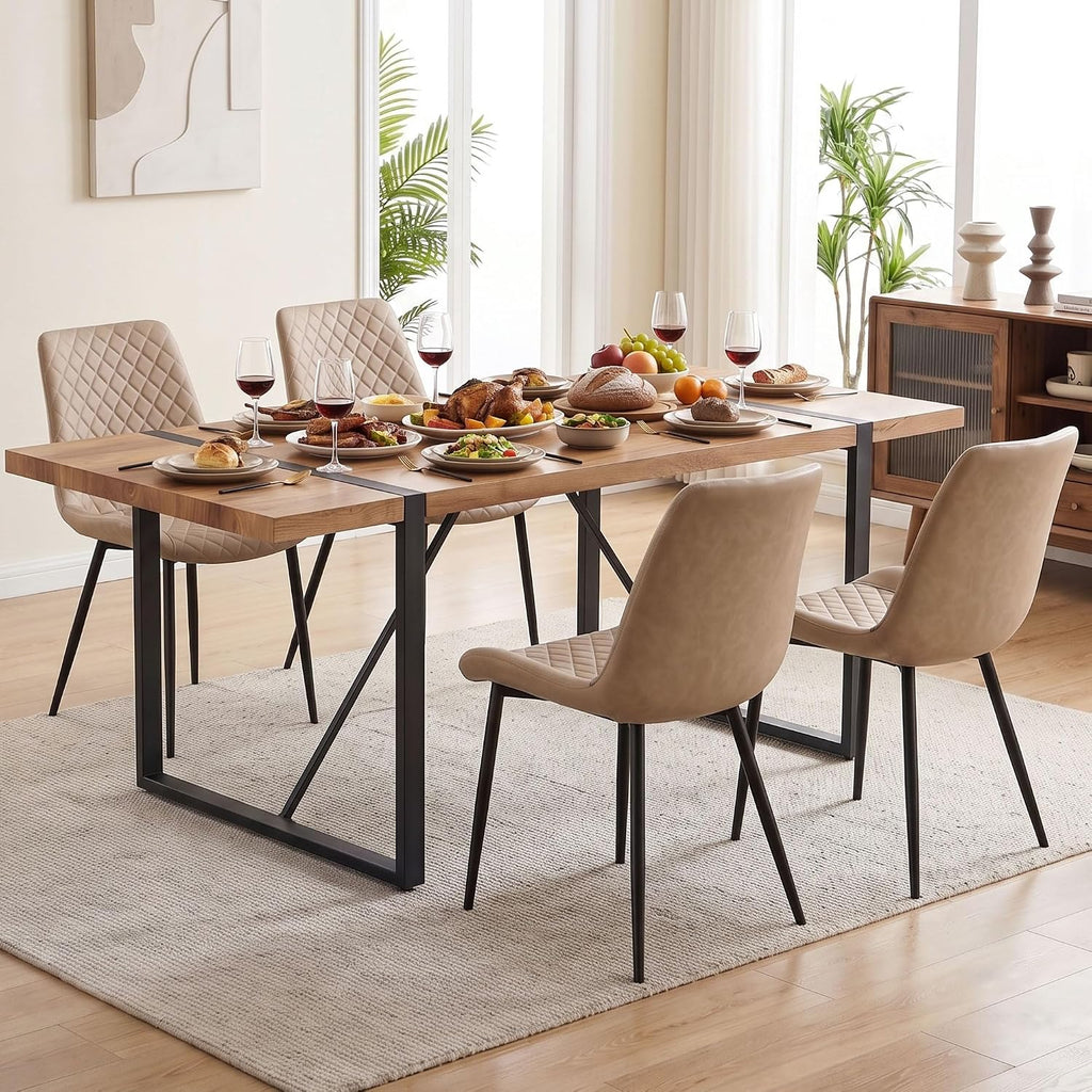 PU Leather Dining Chairs Set of 4, Modern Armless Dining Room Chairs, Comfy Upholstered Kitchen Chairs with Backrest, Black Metal Legs for Living Room, Dinning Room, Beige
