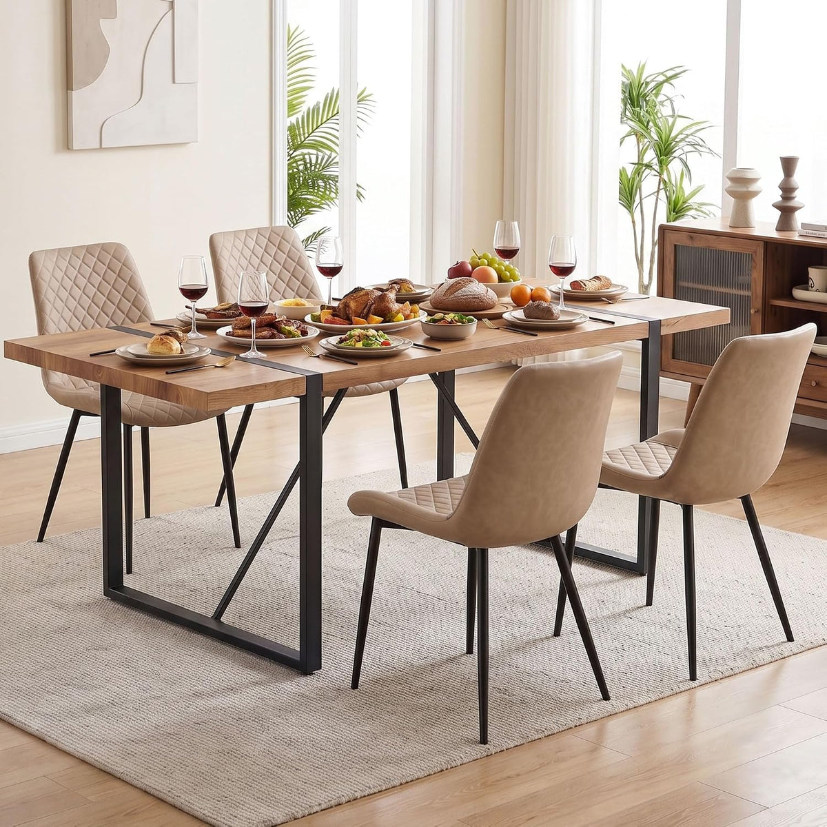 PU Leather Dining Chairs Set of 4, Modern Armless Dining Room Chairs, Comfy Upholstered Kitchen Chairs with Backrest, Black Metal Legs for Living Room, Dinning Room, Beige