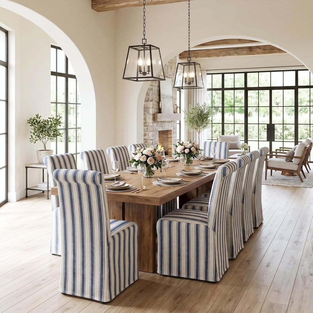 chairus Slipcovered Upholstered Parsons Dining Chairs Set of 4, Blue Stripe