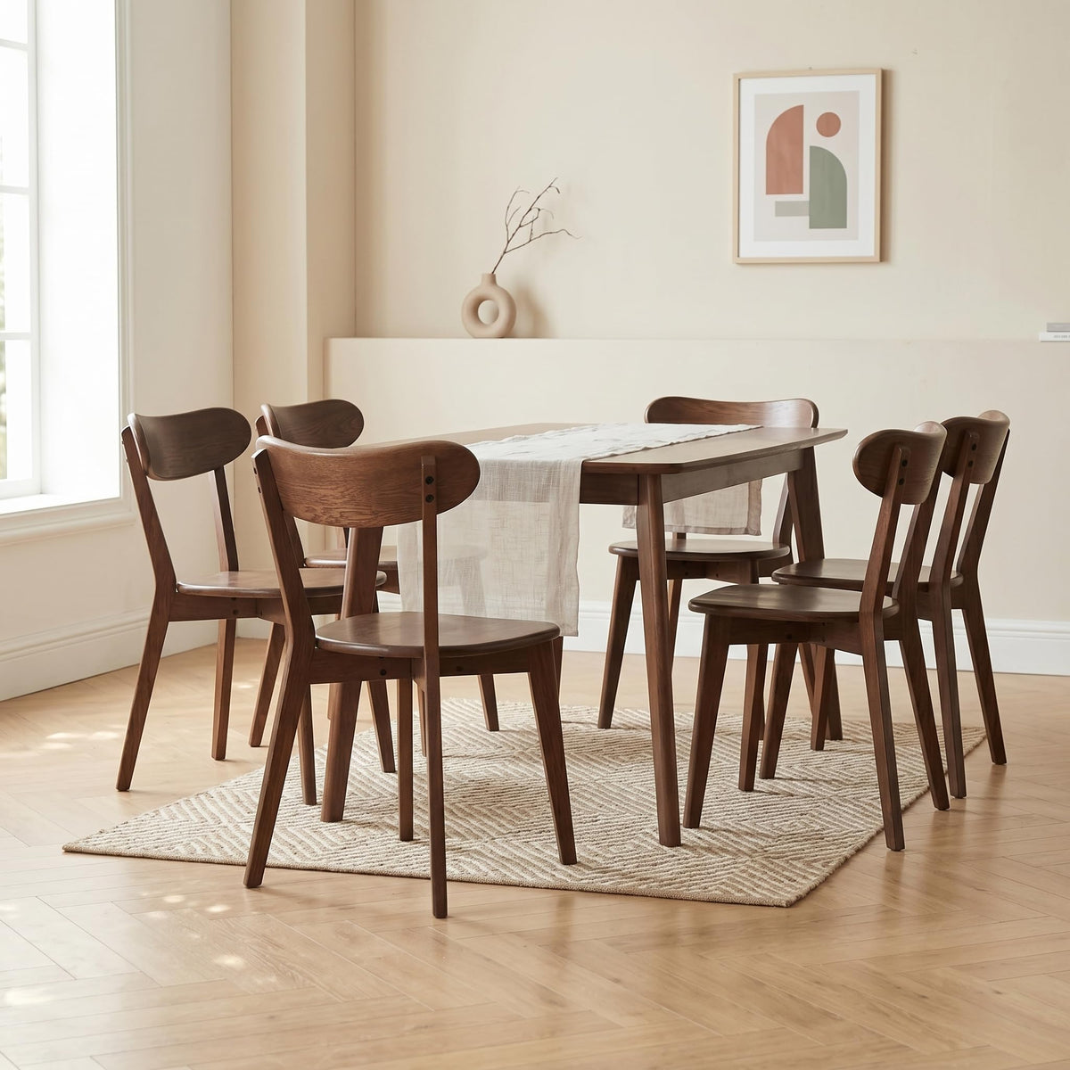 100% Solid Oak Dining Chairs Set of 4, Mid-Century Modern Dining Room Chairs, Wooden Kitchen Chairs with Curved Backrest, Walnut Brown Finish, Sillas de Comedor (4 Chairs)
