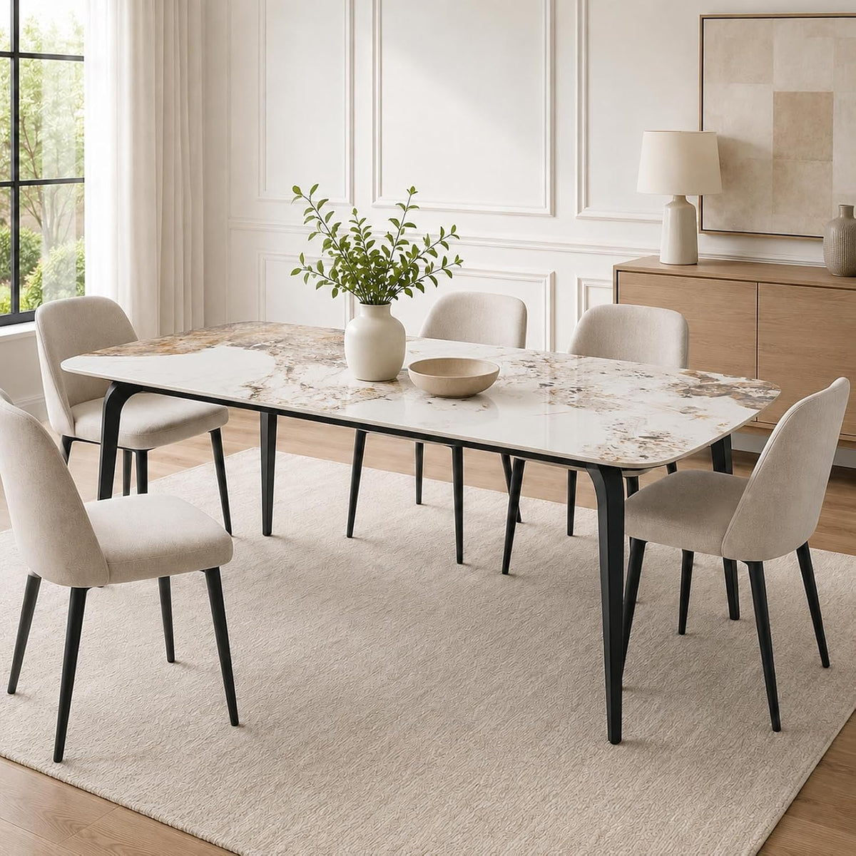 63" Sintered Stone Dining Table, Modern Kitchen Table with Marble Top, Rectangular Dining Table with Black Metal Legs for Small Space Living Room,Kitchen,Office,Cafe, Pandora Beige