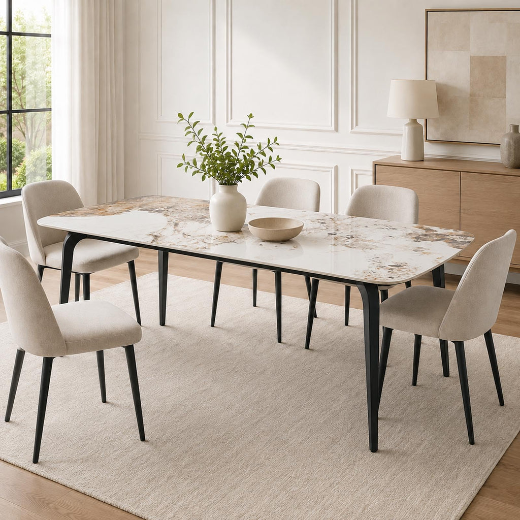 63" Sintered Stone Dining Table, Modern Kitchen Table with Marble Top, Rectangular Dining Table with Black Metal Legs for Small Space Living Room,Kitchen,Office,Cafe, Pandora Beige
