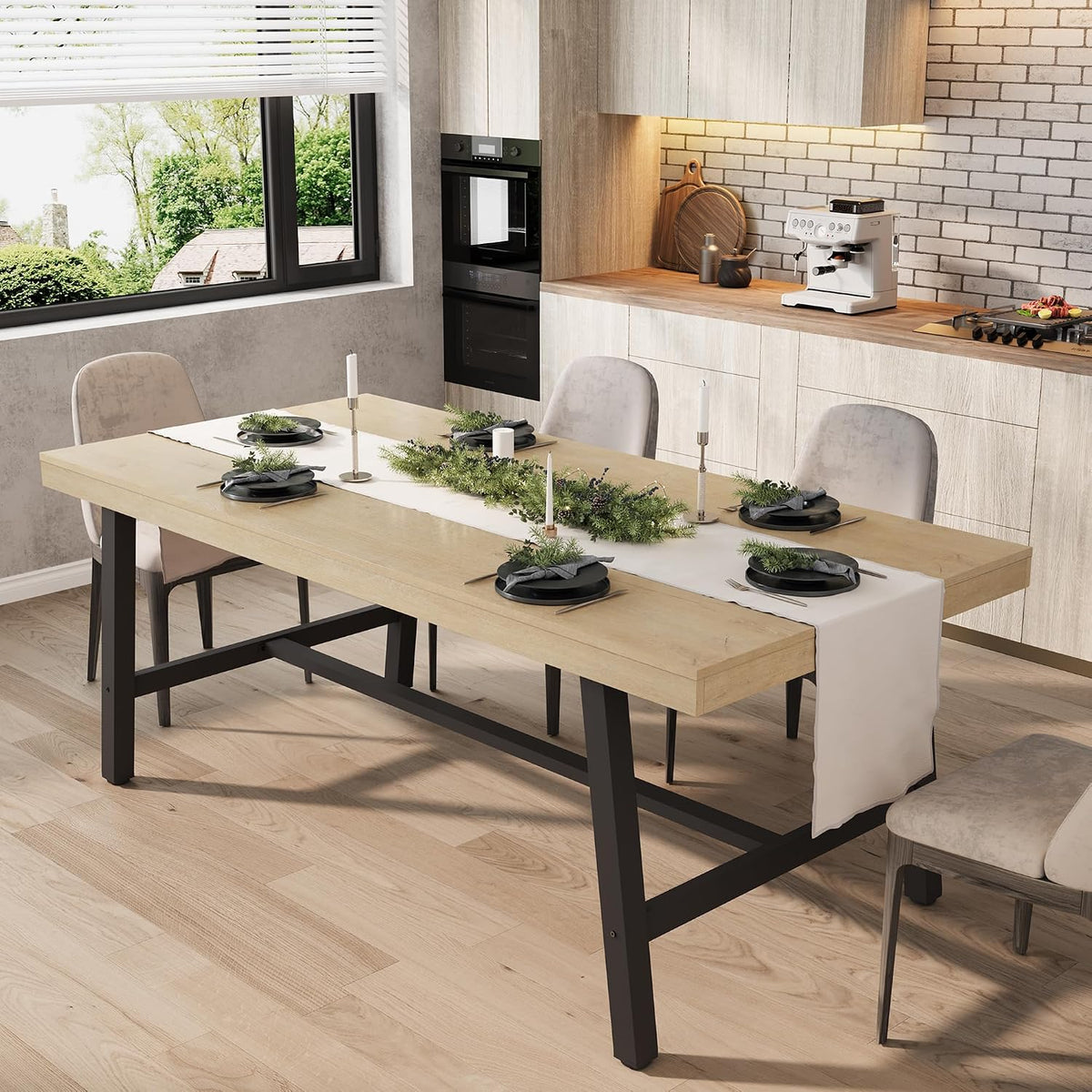 GarveeHome Industrial Dining Table for 6-8 People, 70.87" Long Large Kitchen Table with Sturdy Metal Frame, Rectangular Counter for Dinner, Kitchen, Dining Room (Natural, 71" Non-extendable)