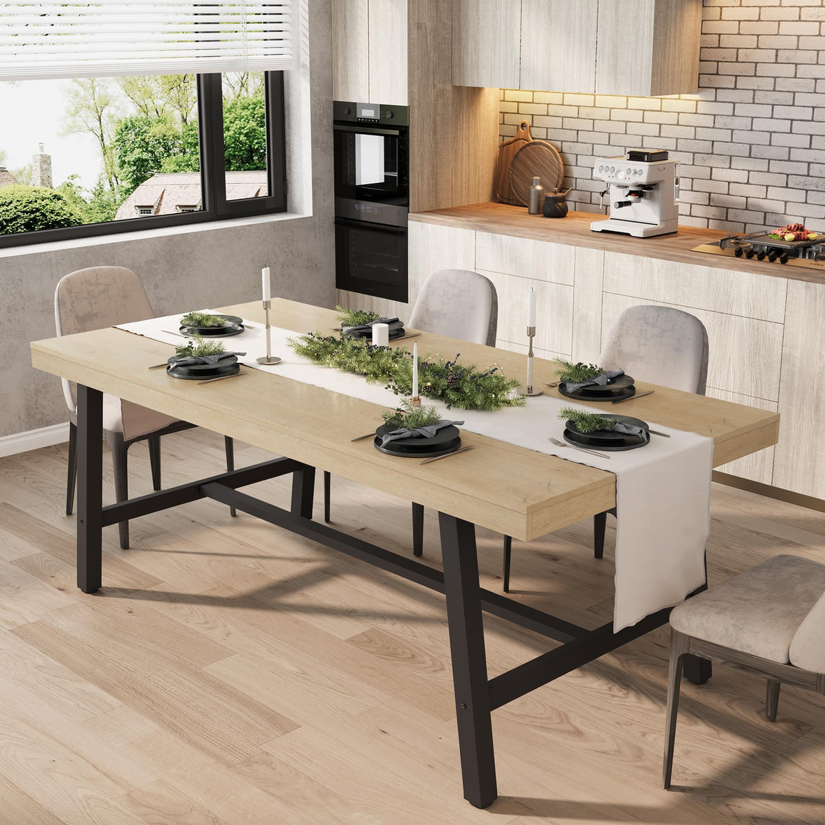 GarveeHome Industrial Dining Table for 6-8 People, 70.87" Long Large Kitchen Table with Sturdy Metal Frame, Rectangular Counter for Dinner, Kitchen, Dining Room (Natural, 71" Non-extendable)