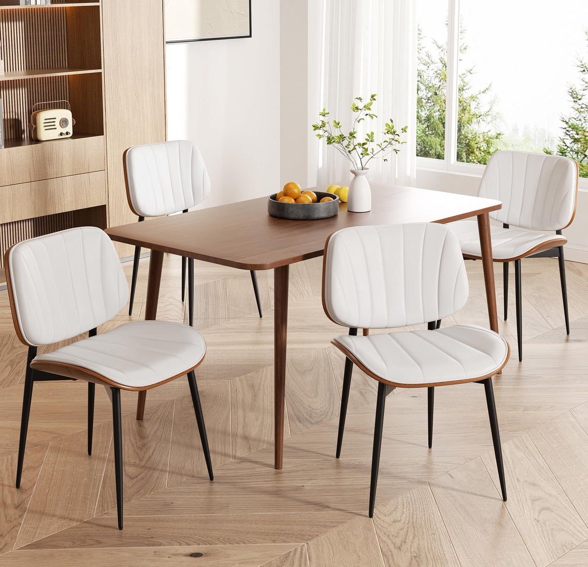 Dining Chairs Set of 2, Mid Century Modern Dining Room Chair, Upholstered Faux Leather Kitchen Chairs with Walnut Bentwood Back and Metal Legs for Kitchen Dining Room Living Room, Black