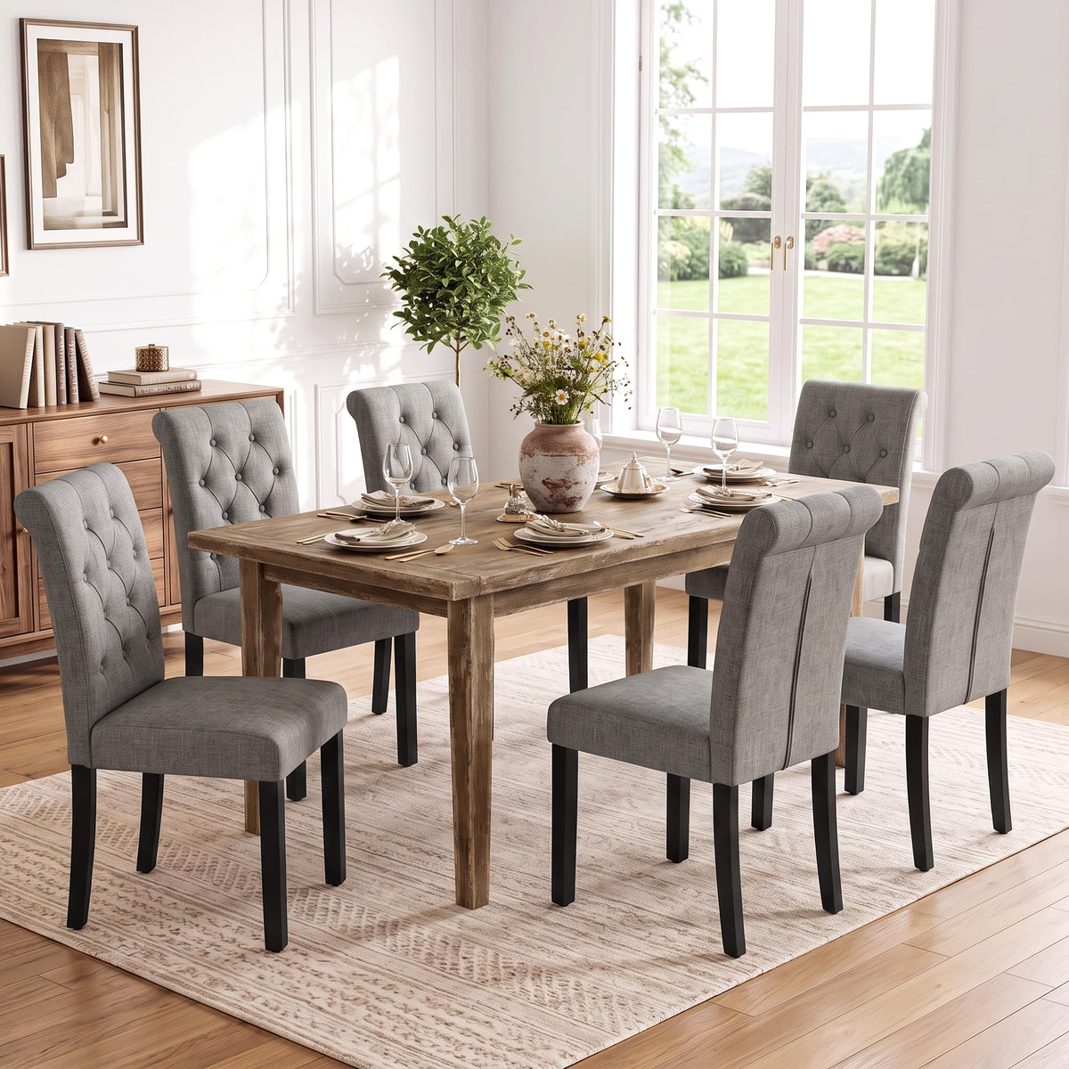 LSSPAID Dining Chairs Set of 6, Modern Armless Parsons Side Chairs, Upholstered Button-Tufted PU Leather Dining Kitchen Chairs with Solid Wood Legs, Brown