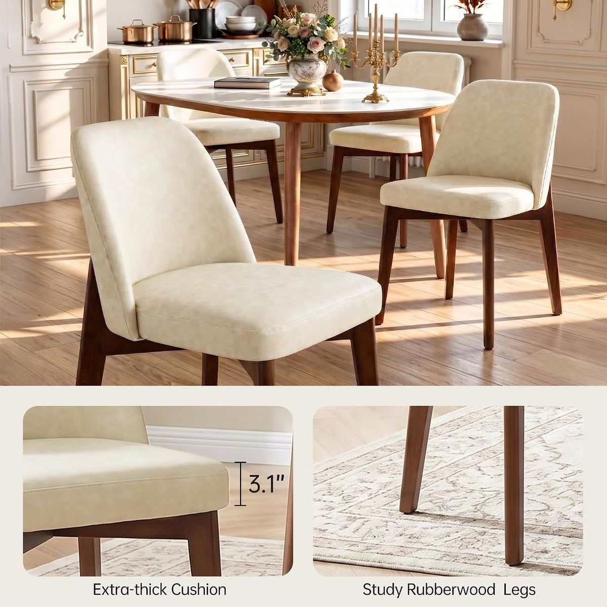 Usaint Modern Wooden Dining Chairs Set of 4 with Rubberwood Legs，Beige