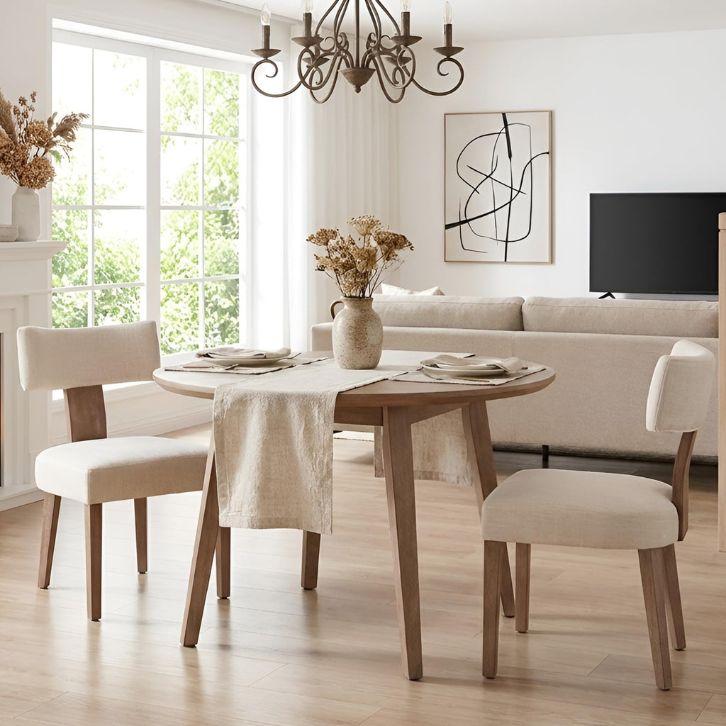 HNY Mid Century Modern Dining Chairs Set of 4, Upholstered Linen Kitchen & Dining Room Chairs with Ergonomic Curved Backrest, Solid Wood Legs, Farmhouse Accent Chair for Home, Apartment, Beige