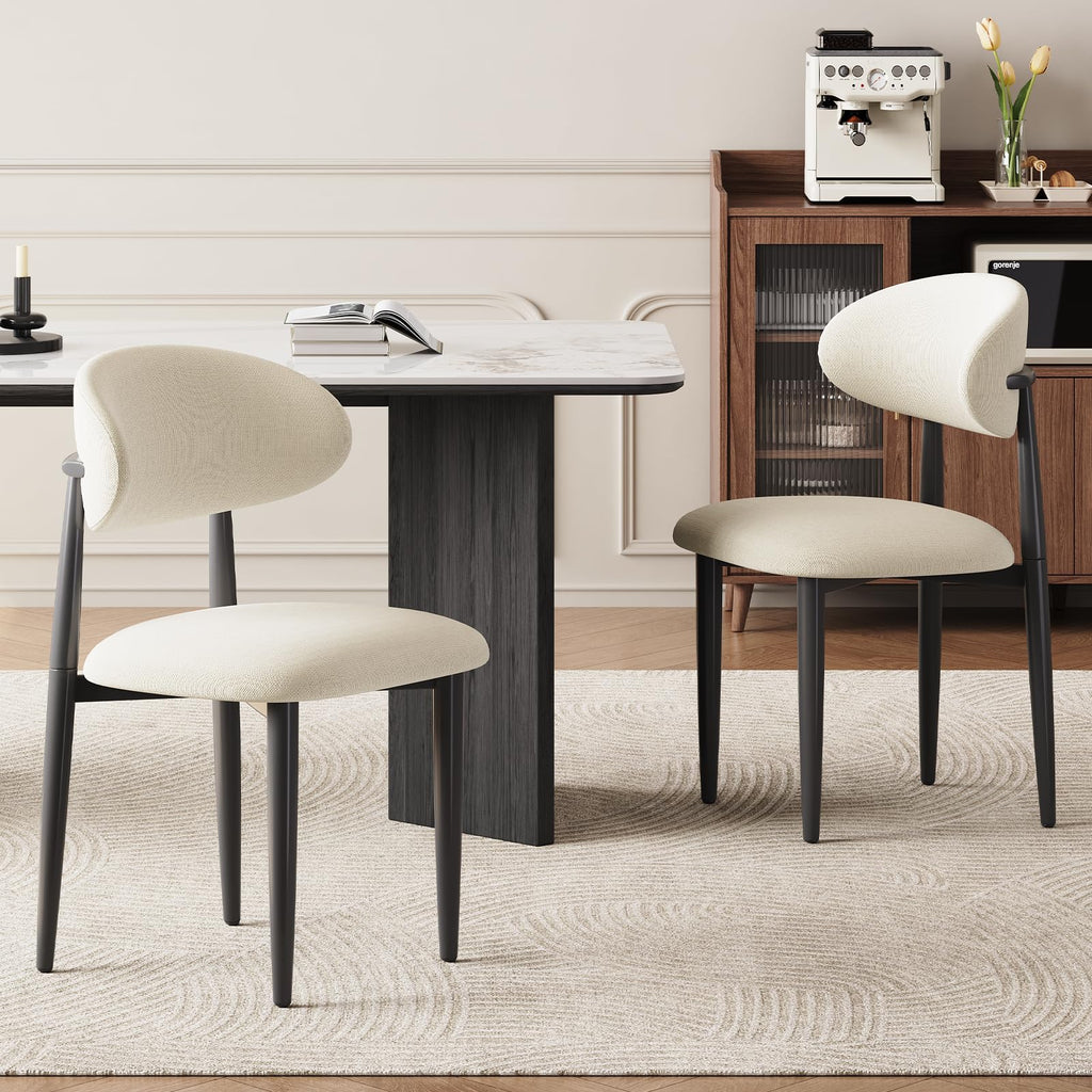 Dining Chairs, Modern Fabric Upholstered Dining Room Chair MetalKitchen Chairs, Farmhouse Dinner Chair for Kitchen Dining Room, Beige (4, Beige Seat/Wood-Grain Metal Legs)