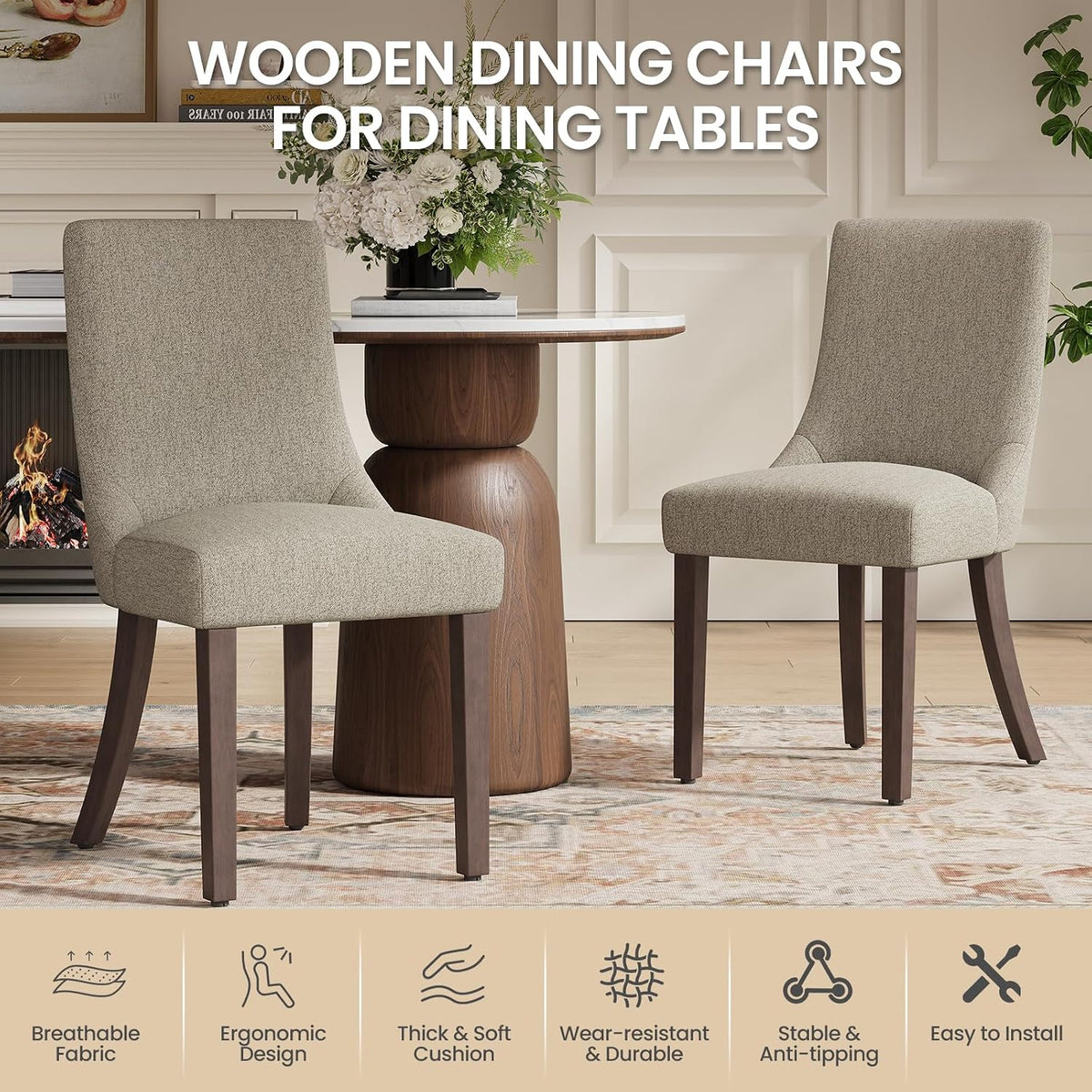 MALOL Wooden Dining Chairs Set of 6, Upholstered Kitchen & Dining Room Chairs with Solid Wood Legs Curved Backrest Farmhouse Accent Chair for Dining/Kitchen/Living Room, Camel