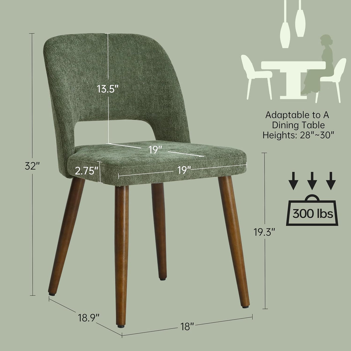 Usaint Wooden Dining Chairs Set of 4, Fabric Dining Room Chairs, Green