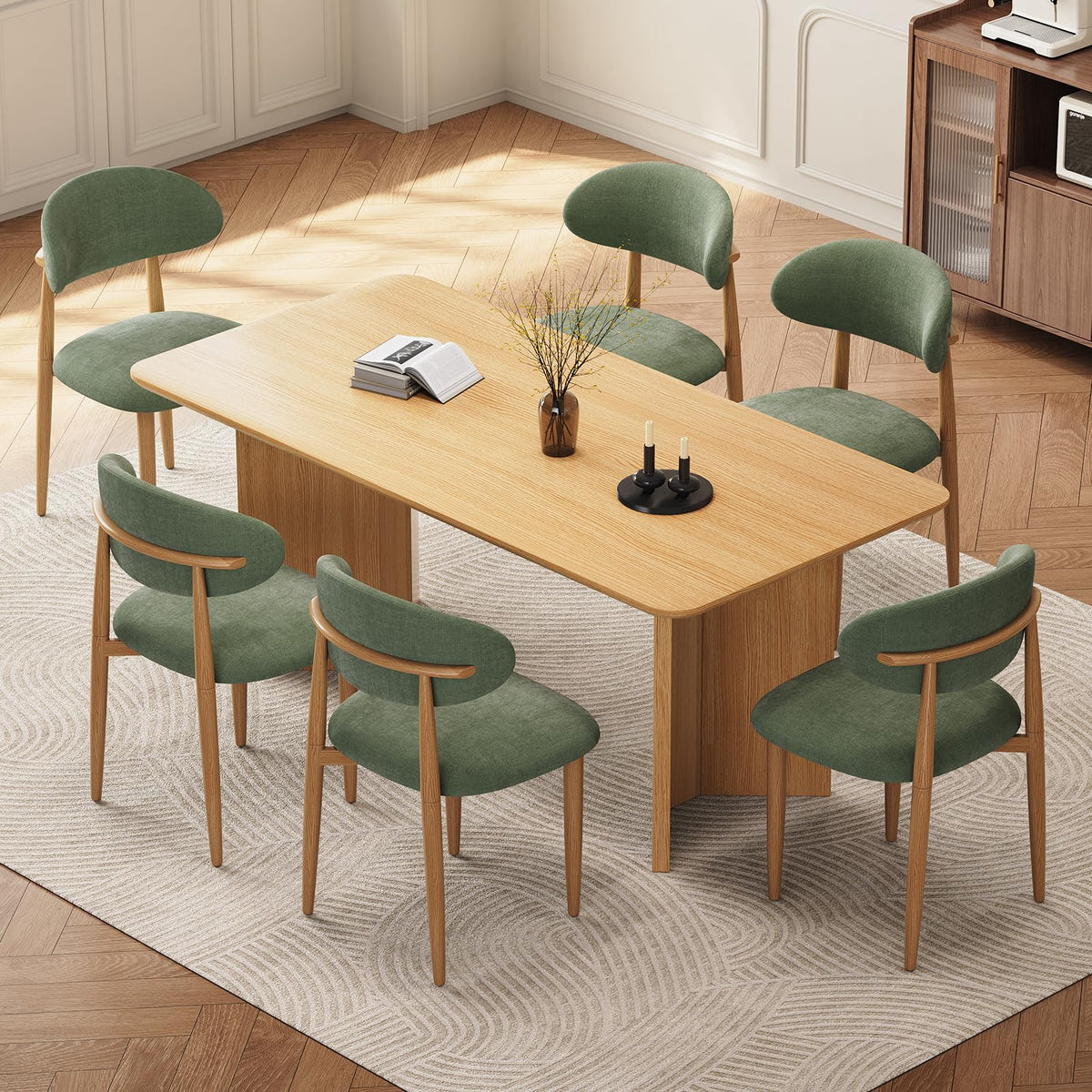 Dining Chairs, Modern Fabric Upholstered Dining Room Chair MetalKitchen Chairs, Farmhouse Dinner Chair for Kitchen Dining Room, Beige (4, Beige Seat/Wood-Grain Metal Legs)