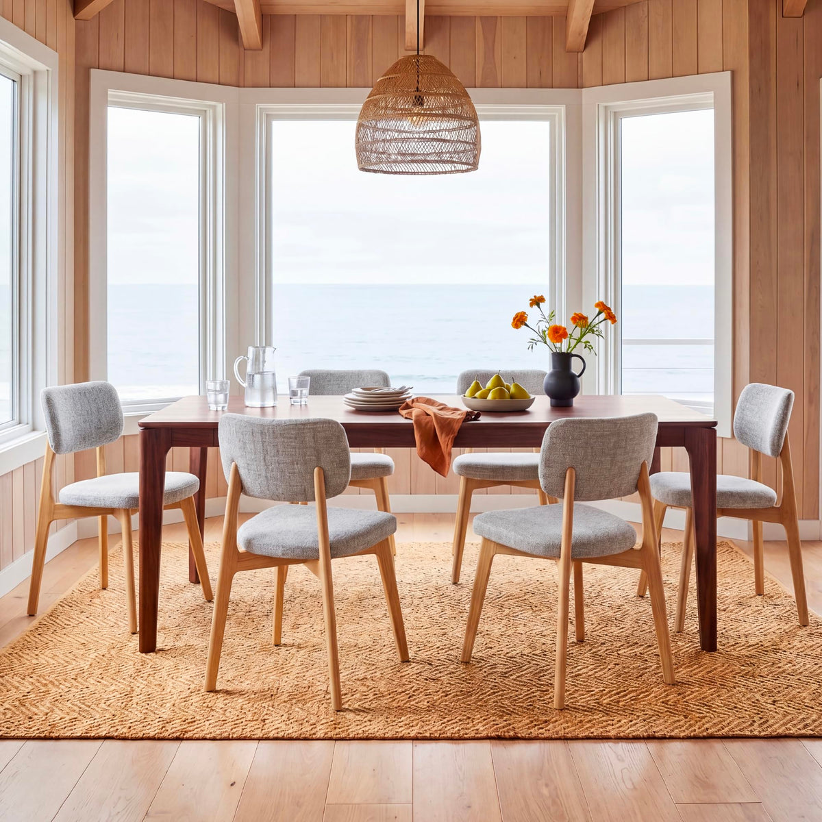 COLAMY Dining Chairs Set of 2, Mid Century Modern Upholstered Kitchen Chairs with Solid Red Oak Wood Legs, Textured Fabric Dining Room Accent Chairs for Small Spaces, 300 lbs Capacity,Walnut,Oatmeal