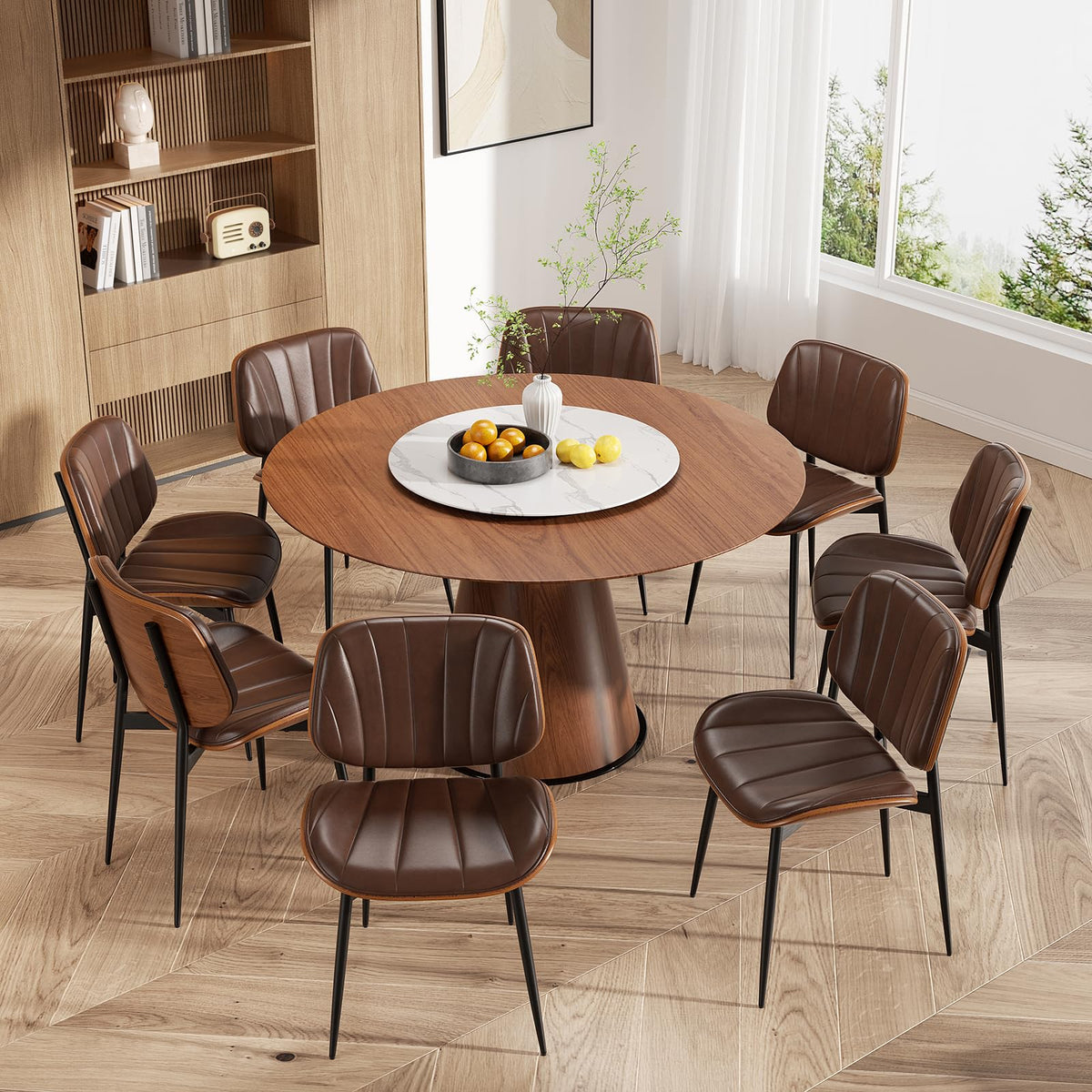 Dining Chairs Set of 2, Mid Century Modern Dining Room Chair, Upholstered Faux Leather Kitchen Chairs with Walnut Bentwood Back and Metal Legs for Kitchen Dining Room Living Room, Black