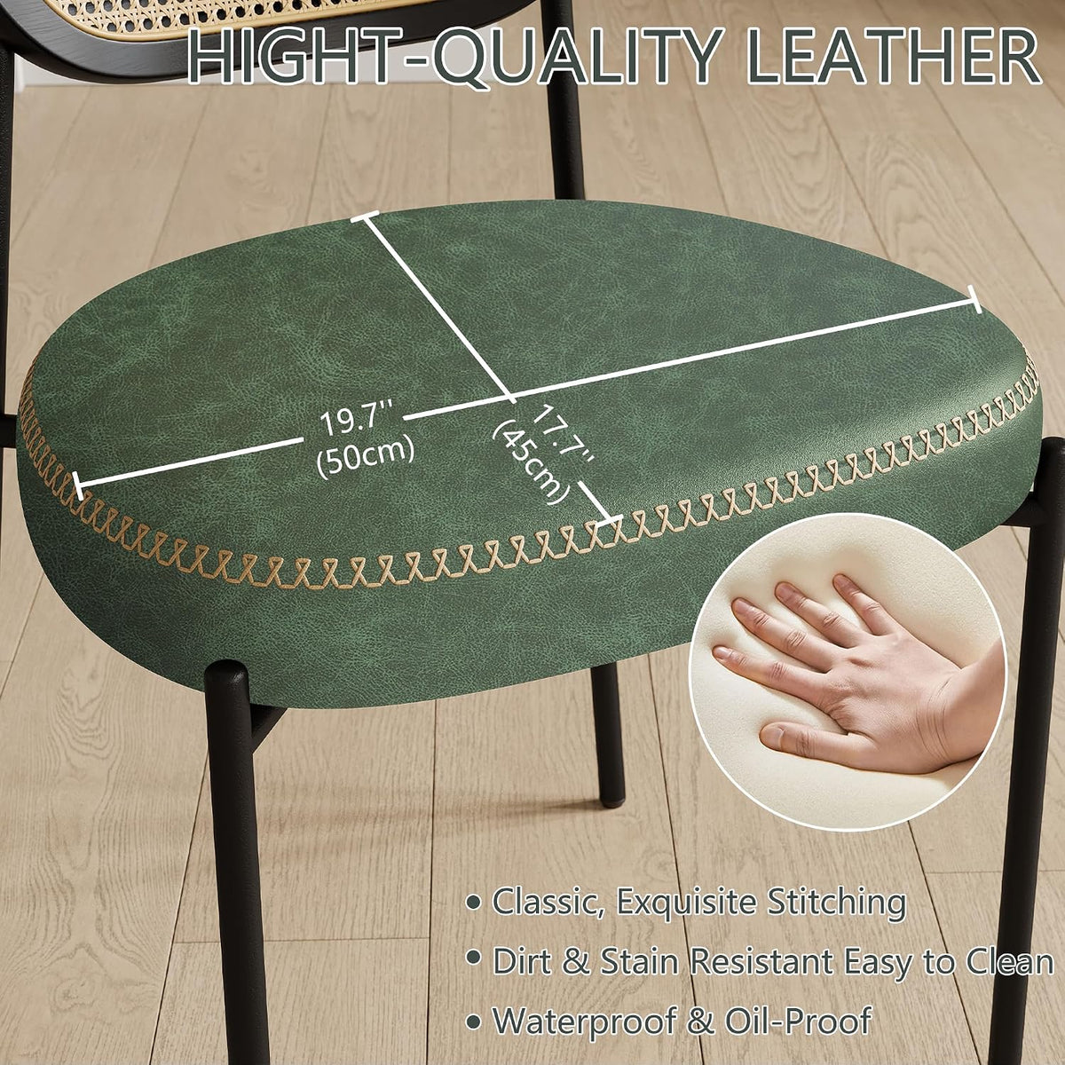 Rattan Dining Chairs Set of 2, Green Leather Upholstered Dining Chairs with Rattan Cane Back, Mid Century Modern Dining Room Chairs with Black Metal Legs & D-Shaped Thicken Cushion, Green