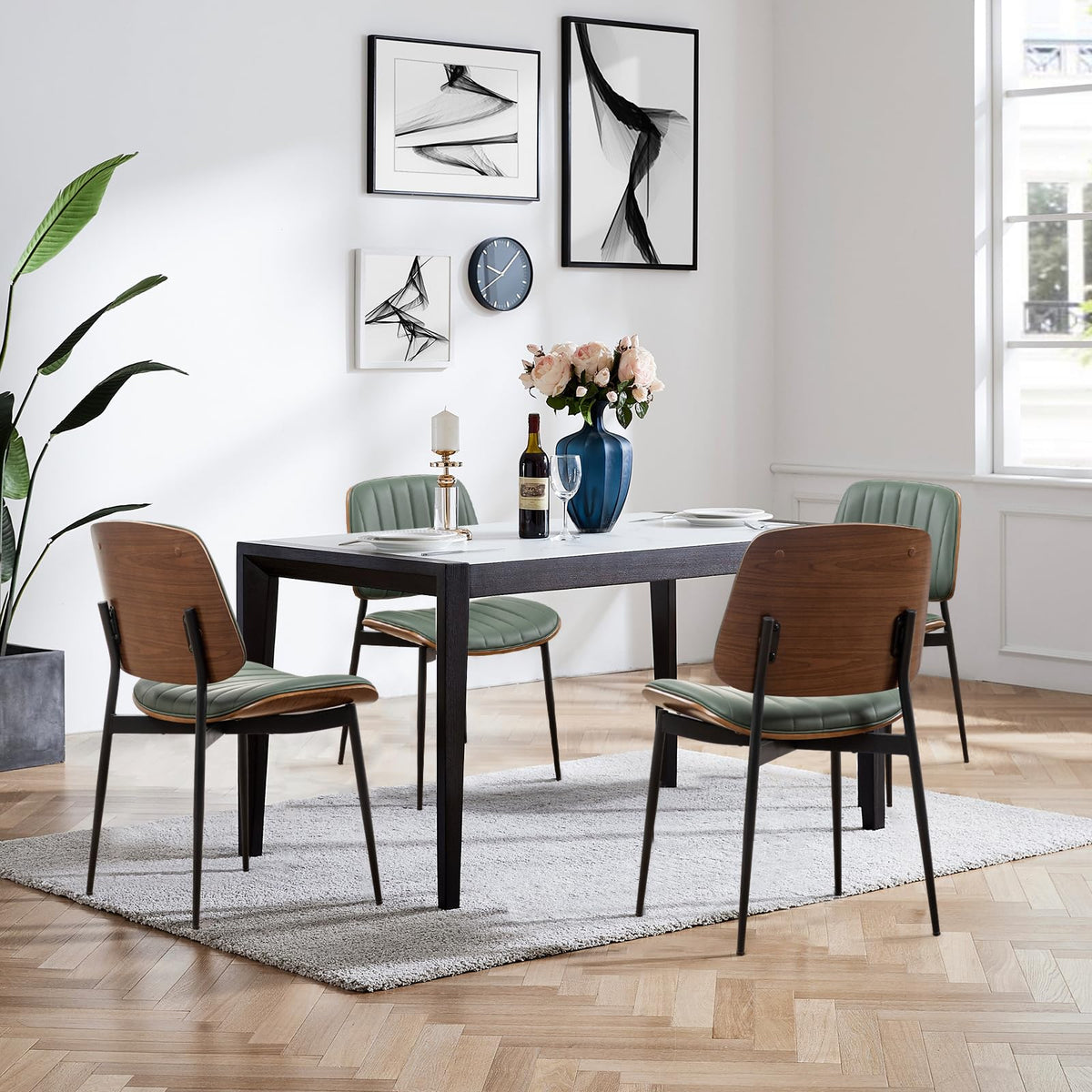 LUNLING Dining Chairs Set of 2 Mid Century Modern Retro Green Velvet Kitchen Chairs with Walnut Bentwood Upholstered Seat Metal Legs Adjustable Foot for Kitchen Dining Room Chairs(Green Fabric)