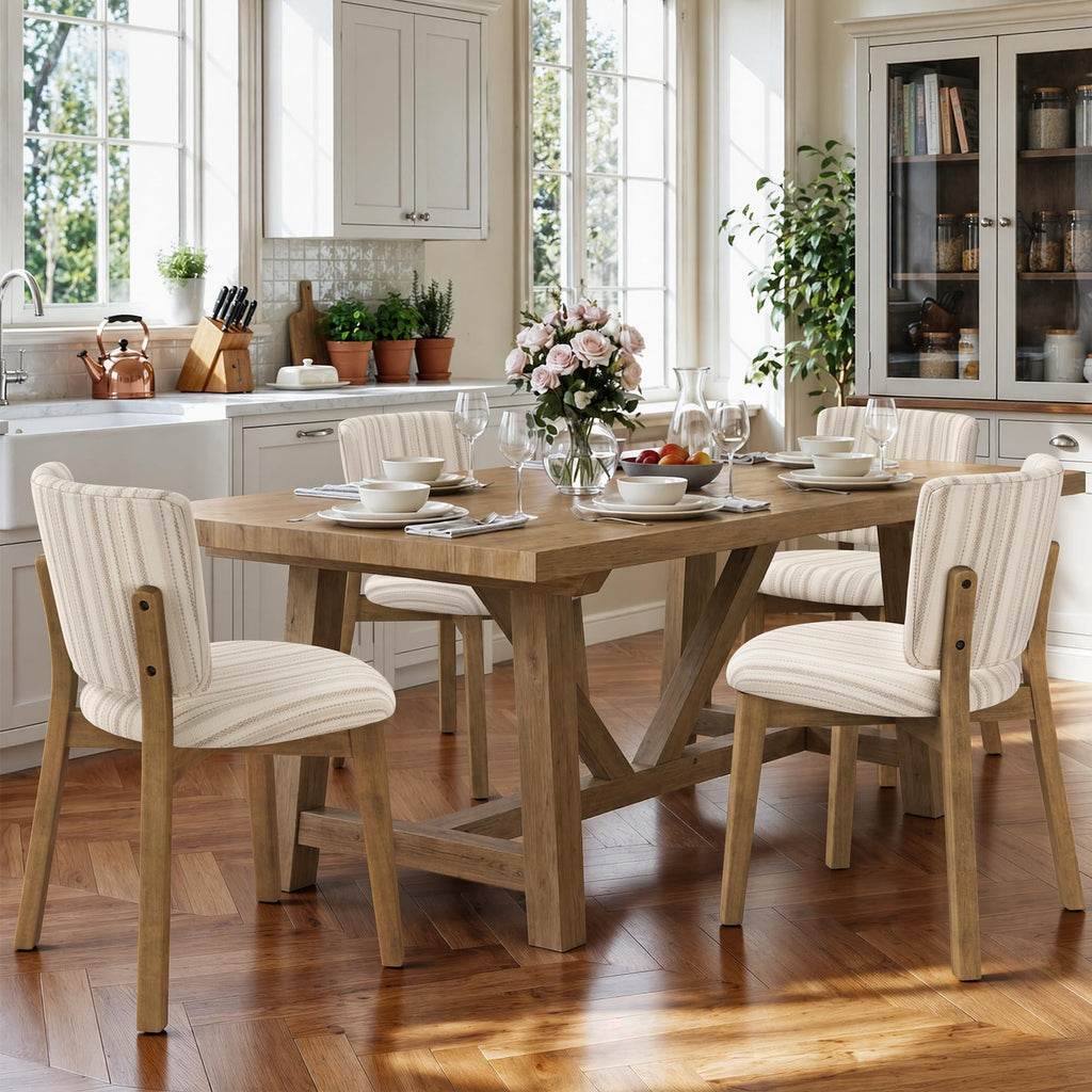 LUE BONA Linen Farmhouse Dining Chairs Set of 4, Natural Wood Leg