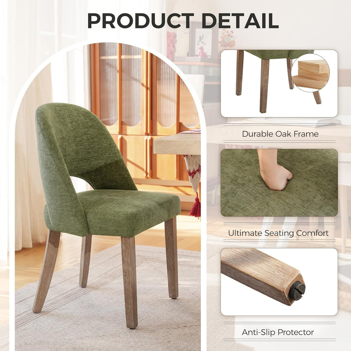 Wooden Dining Chairs Set of 4, Green Chenille Kitchen Dining Chairs