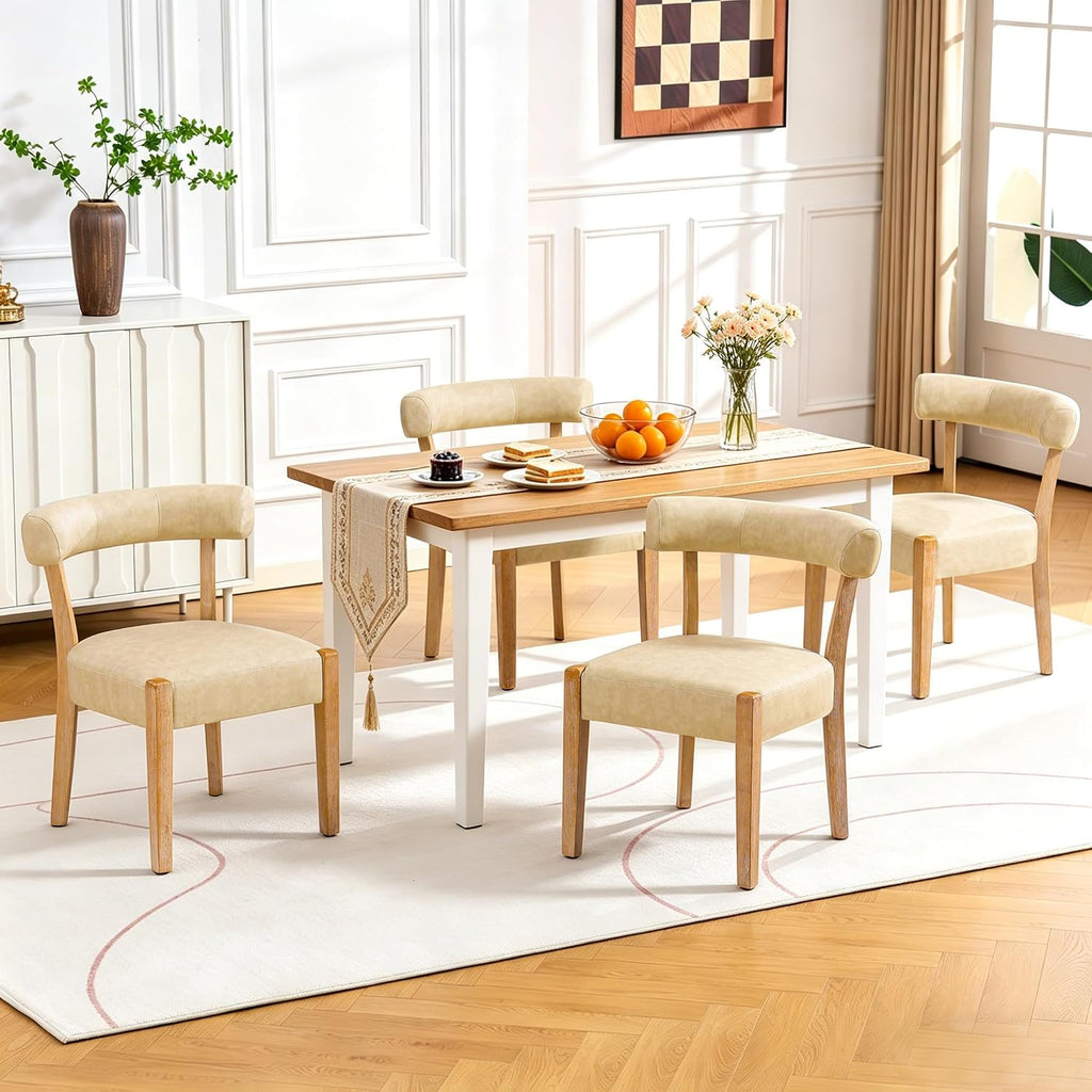 RNKSFX Modern Dining Chairs Set of 4, Faux Leather Upholstered Kitchen & Dining Room Chairs, Mid Century Modern Wooden Dining Chairs Oversized Sturdy Rounded Chairs Curved Back, Beige