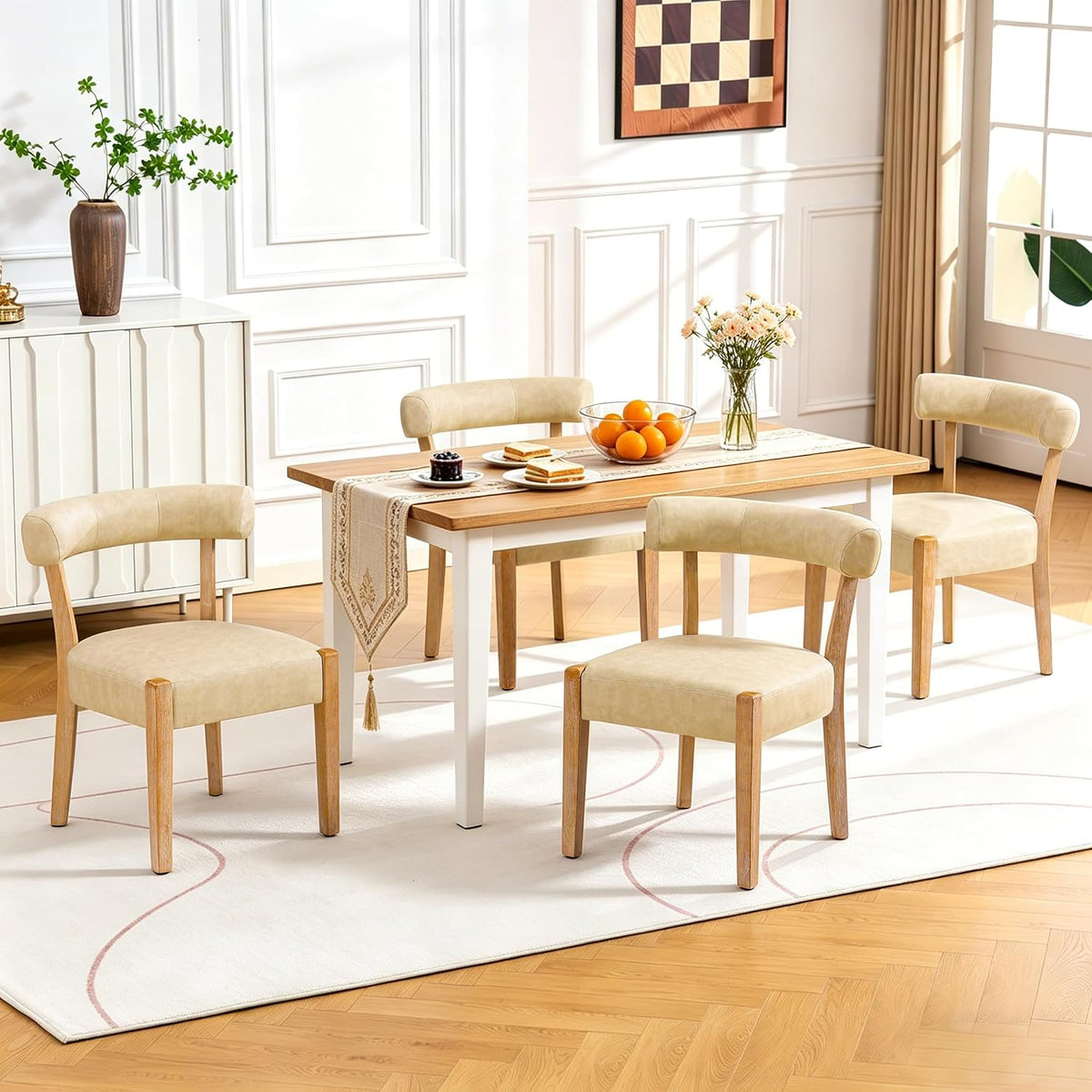 RNKSFX Modern Dining Chairs Set of 4, Faux Leather Upholstered Kitchen & Dining Room Chairs, Mid Century Modern Wooden Dining Chairs Oversized Sturdy Rounded Chairs Curved Back, Beige