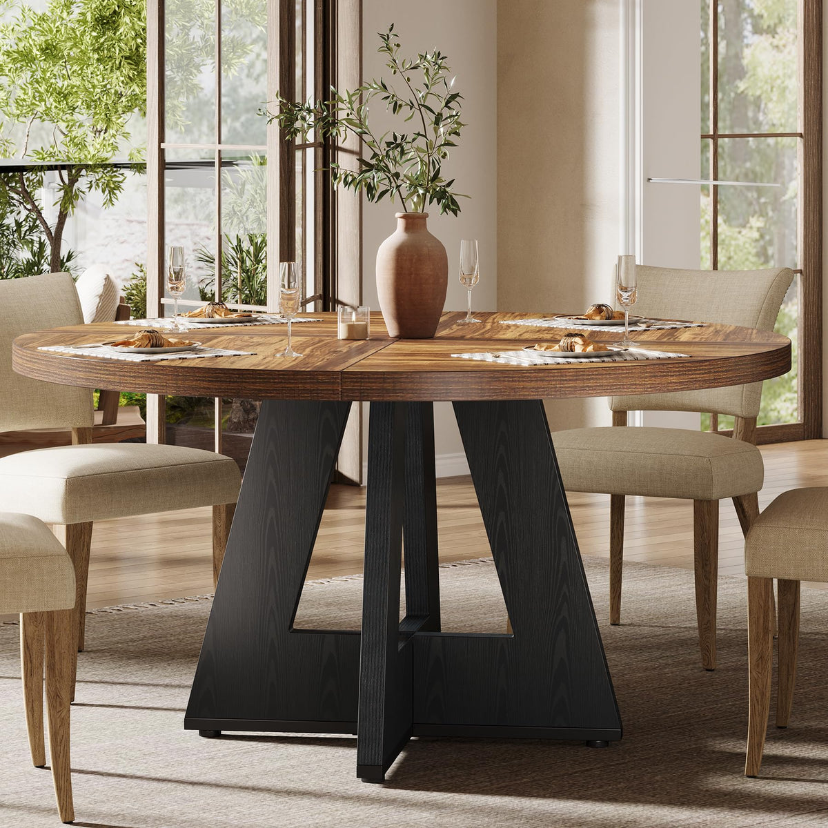 Tribesigns 47 inch Round Dining Table Wood Kitchen Table for Dining Room, 47" Dinner Room Tables for 4-6, Farmhouse Accent Furniture with Wooden Tabletop and Cross Base, Black