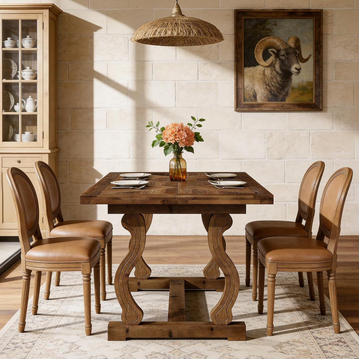 Solid Wood Dining Table for 4-6 People, 63" Kitchen Table
