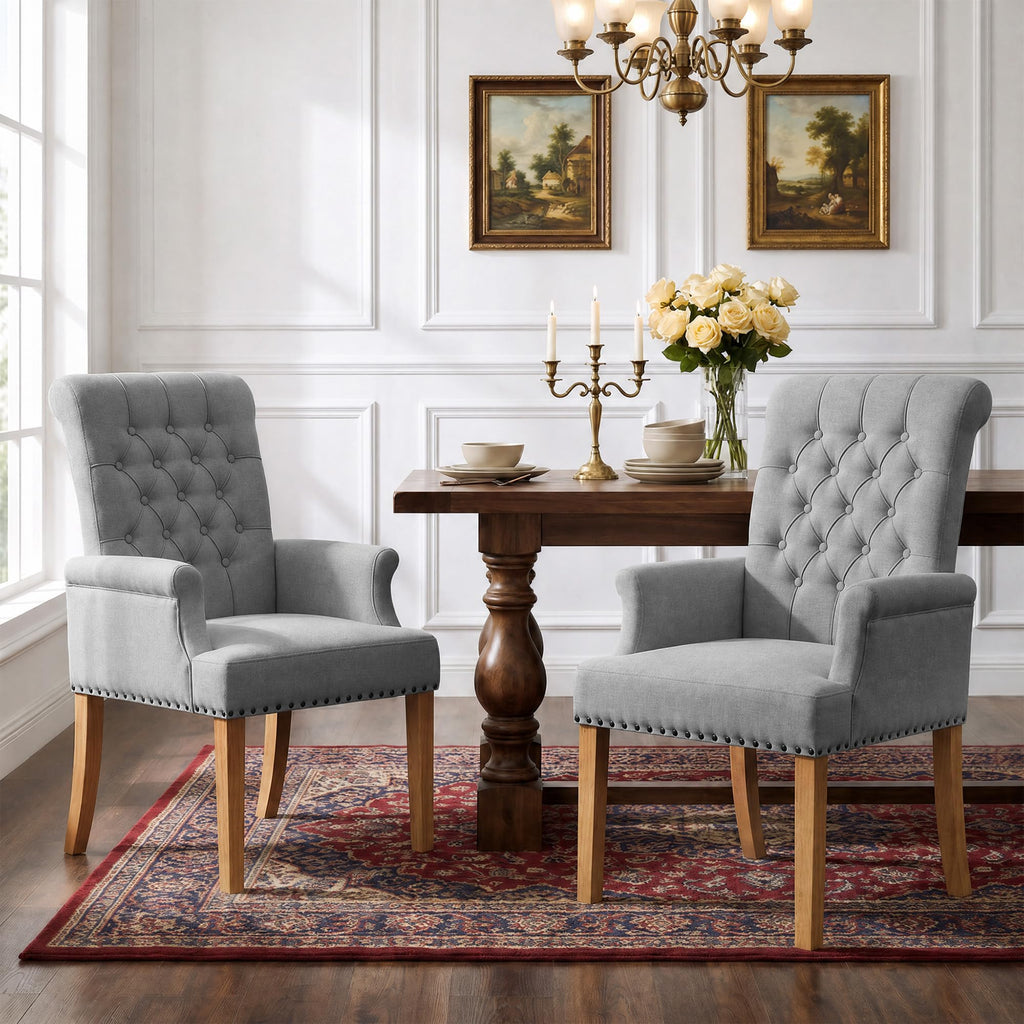 WUTUTUEE Fabric Dining Chair with Arms, Upholstered Tufted High Back Dining Room Chairs, Accent Armchair with Solid Wood Leg and Nailhead Trim, Kitchen Dining Living Room, Beige