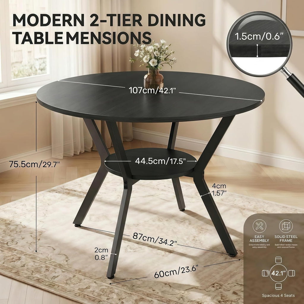 42" Round Dining Table for 4,Kitchen & Dining Tables with Storage,black