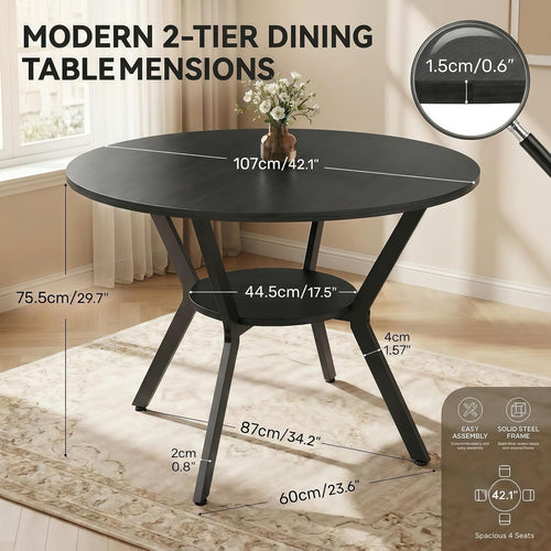 42" Round Dining Table for 4,Kitchen & Dining Tables with Storage,black