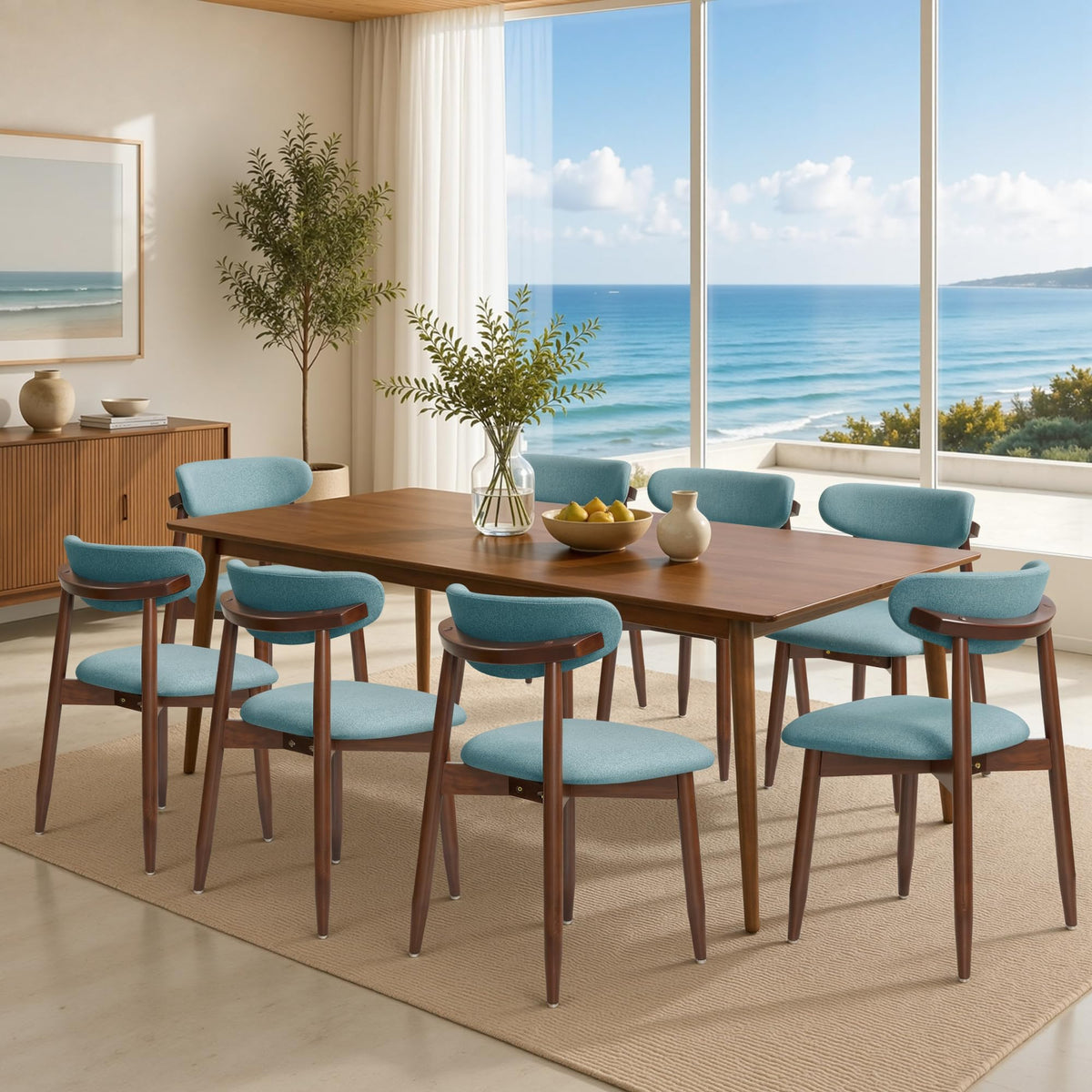 CHUN YI Dining Chairs Set of 4, Upholstered Wooden Dining Room Chairs, Mid Century Modern Fabric Kitchen Chair with Ergonomic Curved Backrest, Beige (Only Chairs)
