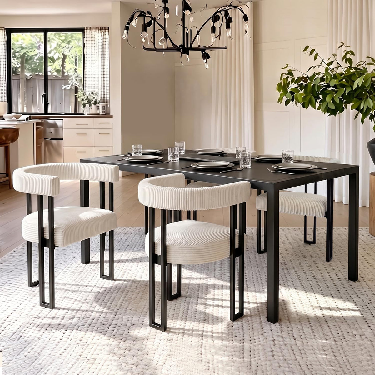 VIRRMO Boucle Dining Chair Set of 4 Corduroy Upholstered Dining Room Chairs Kitchen Chairs with Metal Legs Mid Century Modern Chair for Dining Room, Kitchen (Cream, 4)