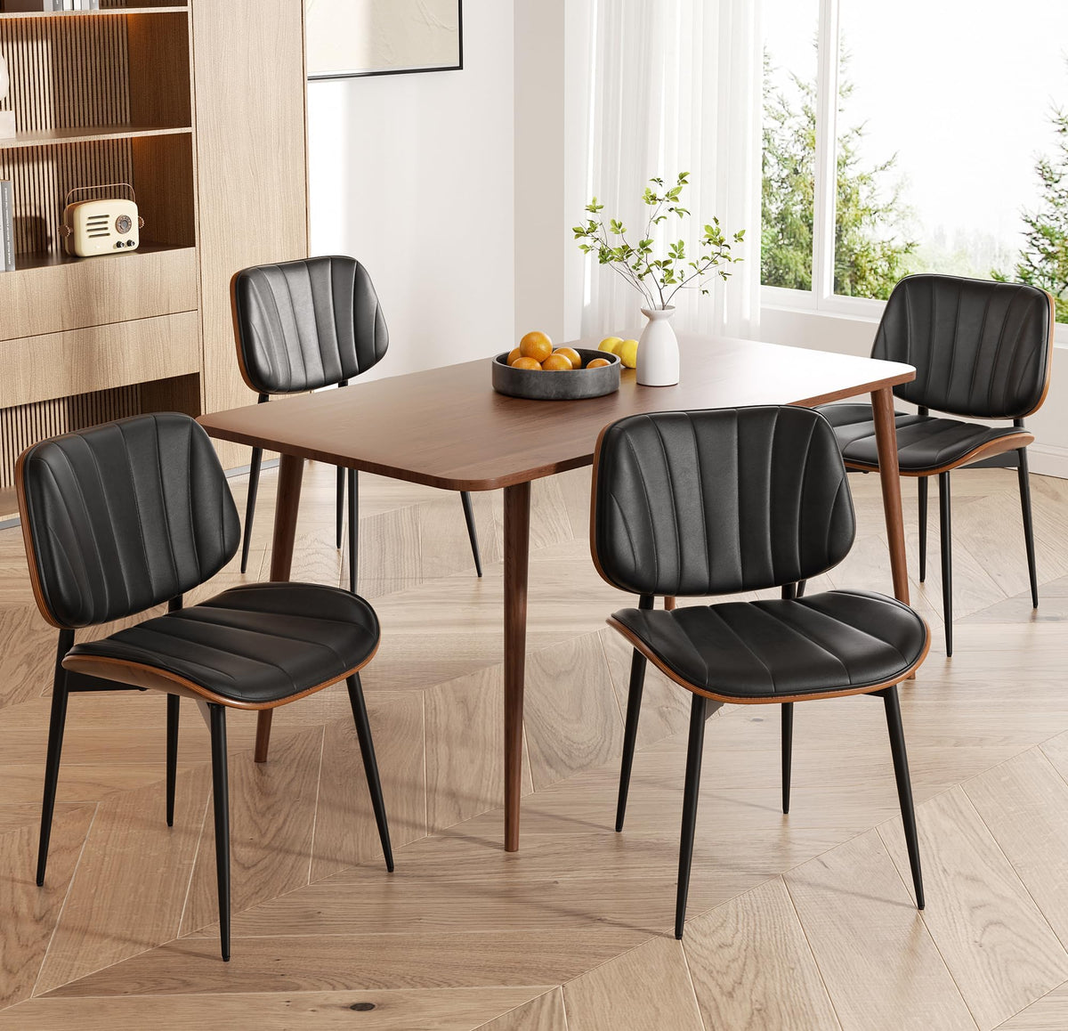 Dining Chairs Set of 2, Mid Century Modern Dining Room Chair, Upholstered Faux Leather Kitchen Chairs with Walnut Bentwood Back and Metal Legs for Kitchen Dining Room Living Room, Black
