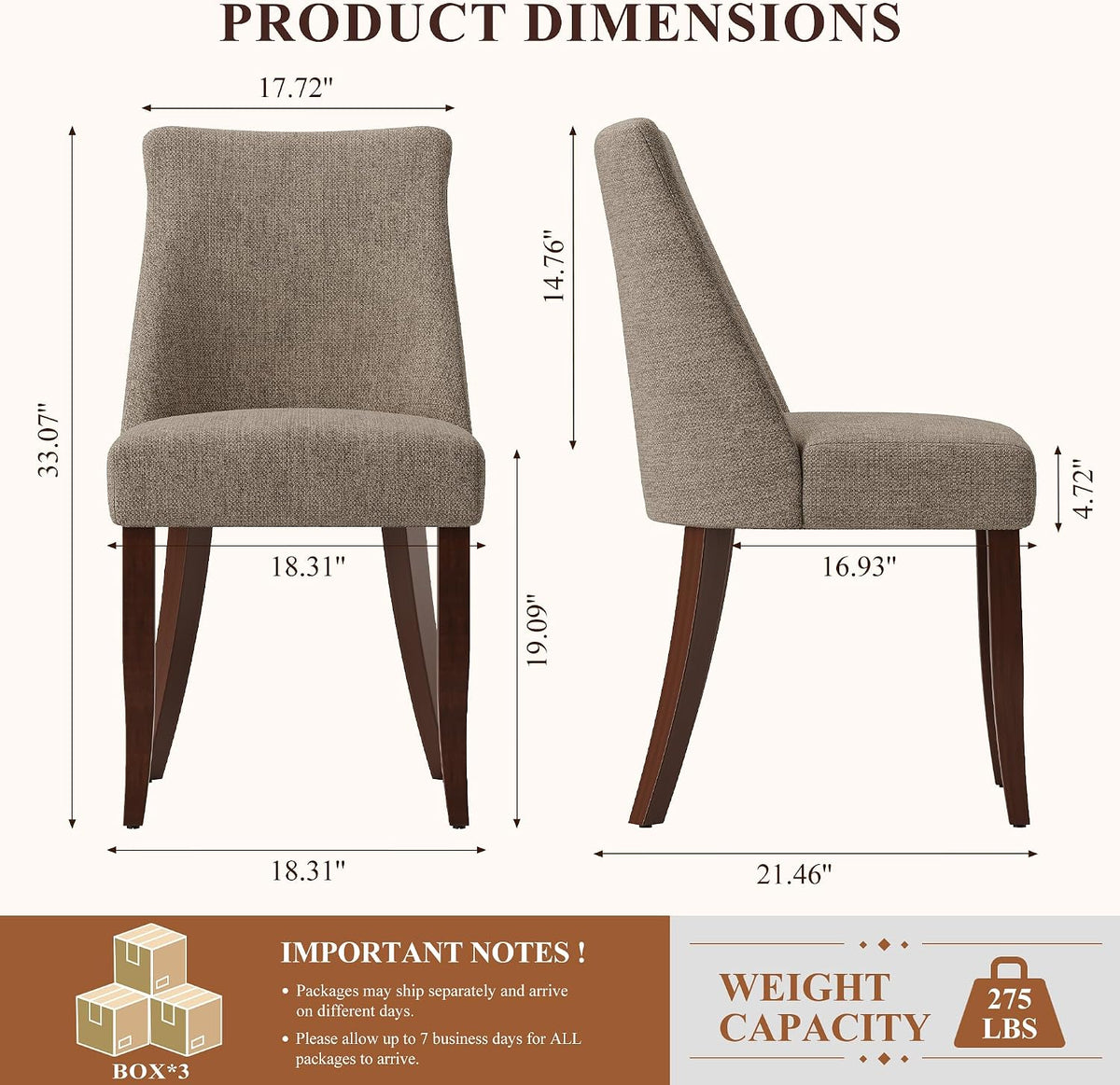 COLAMY Upholstered Dining Chairs Set of 6, Mid Century Modern Kitchen Chairs with Back, Farmhouse Fabric Side Dining Room Chairs with Wood Legs for Dining Room Restaurant, Brown