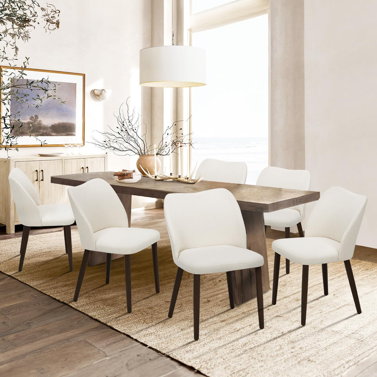 COLAMY Upholstered Dining Chairs Set of 6, Modern Kitchen & Dining Room Chairs with Curved Back, Fabric Padded Seat and Solid Wood Legs, Side Chairs for Restaurant, Cafe & Home, Beige