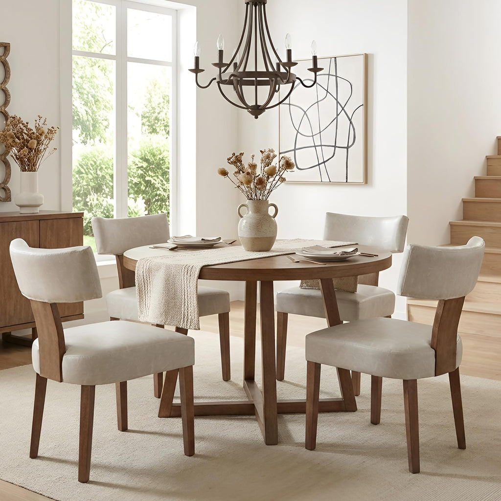 HNY Mid Century Modern Dining Chairs Set of 4, Upholstered Linen Kitchen & Dining Room Chairs with Ergonomic Curved Backrest, Solid Wood Legs, Farmhouse Accent Chair for Home, Apartment, Beige