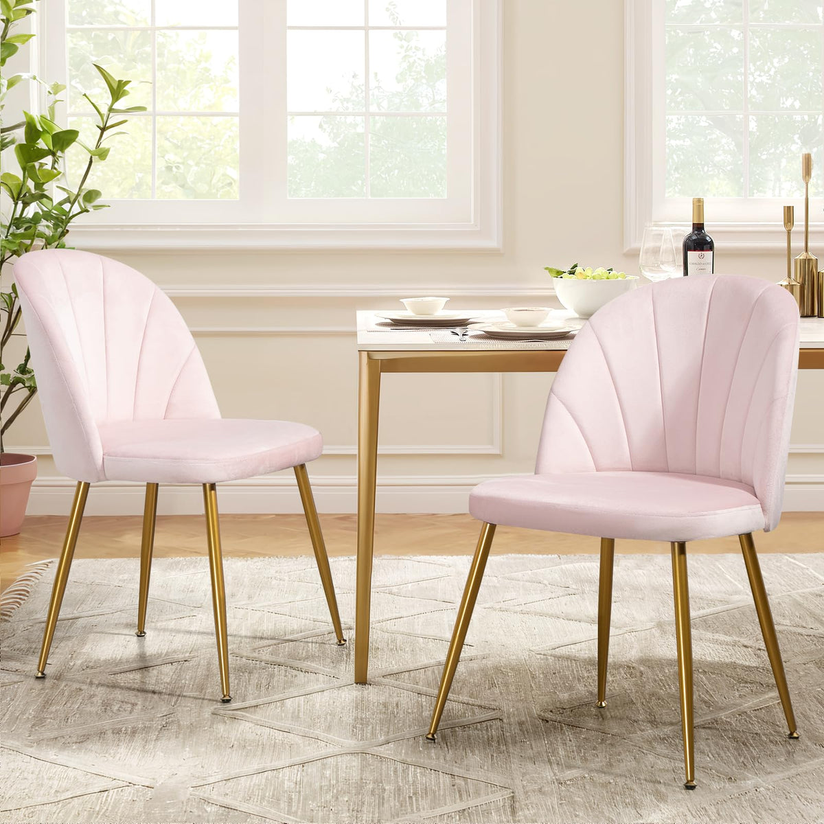 Velvet Dining Chairs Set of 4, Mid-Century Modern Upholstered Kitchen Chair with Metal Gold Legs for Living Room, Dining Room, White
