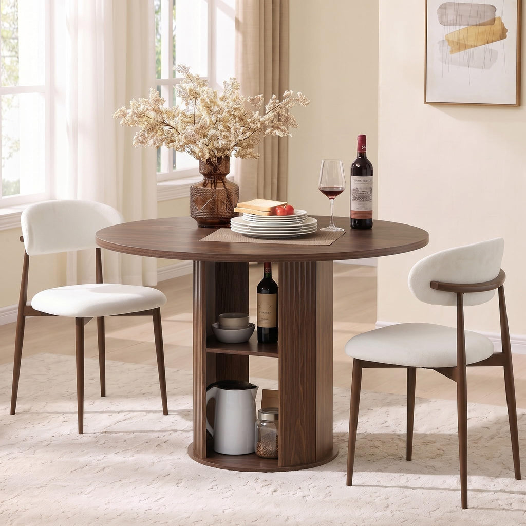 55" Fluted Round Dining Table for 4-6, Mid-Century Modern Kitchen Table with Rotating Tray, 2-Tier Storage Shelf, Wood Sliding Doors and Pedestal Base, Walnut