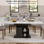 Extendable Rectangle Dining Table for 4-6, 47-63 Inch Faux Marble Kitchen Table with Storage Shelves and Wine Rack, Expandable Modern Rectangular Dinner Table for Kitchen, Dining Room, Black Pedestal