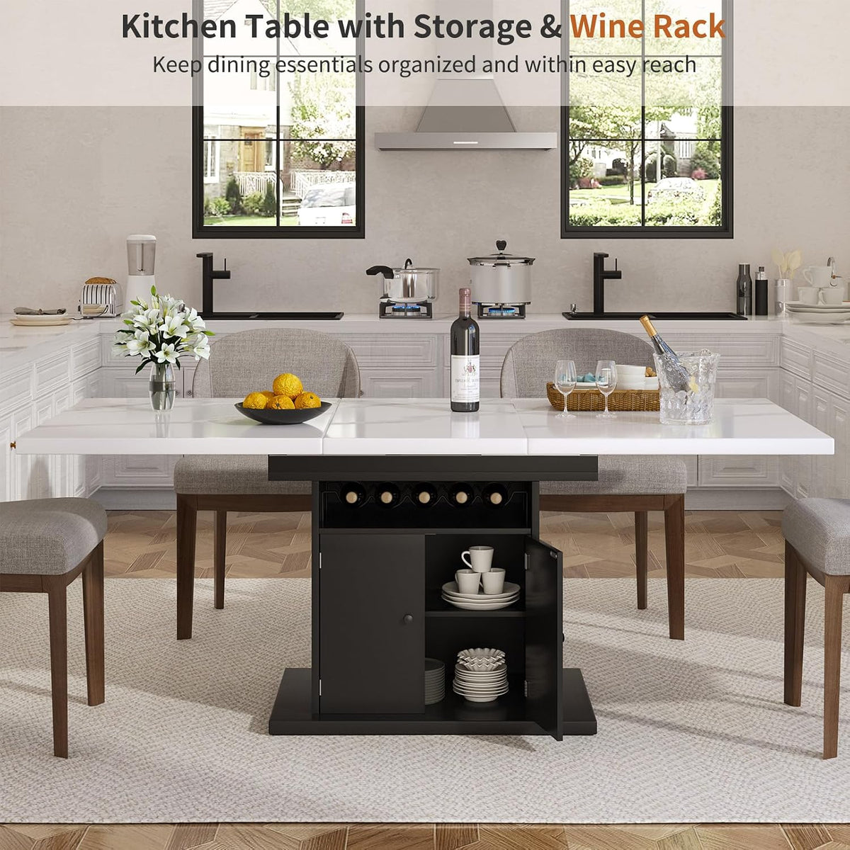 Extendable Rectangle Dining Table for 4-6, 47-63 Inch Faux Marble Kitchen Table with Storage Shelves and Wine Rack, Expandable Modern Rectangular Dinner Table for Kitchen, Dining Room, Black Pedestal