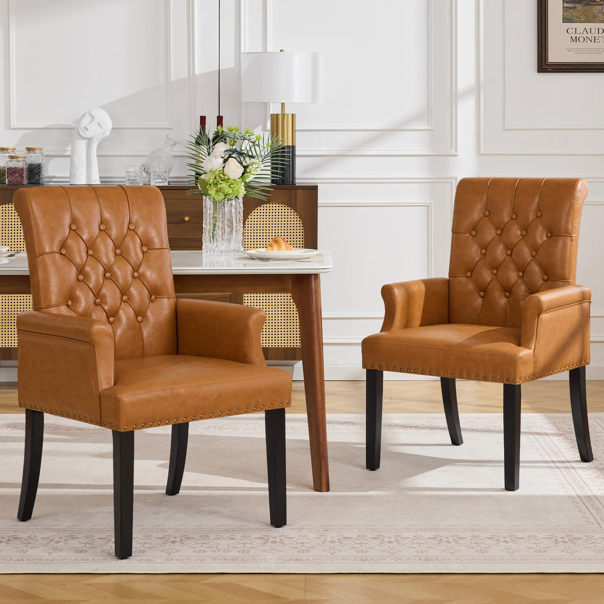 WUTUTUEE Fabric Dining Chair with Arms, Upholstered Tufted High Back Dining Room Chairs, Accent Armchair with Solid Wood Leg and Nailhead Trim, Kitchen Dining Living Room, Beige